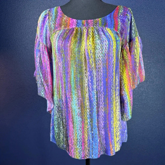 Anthropologie Leifsdottir Rainbow Abstract Print Sheer Silk Blouse Size 2 - Picture 1 of 11